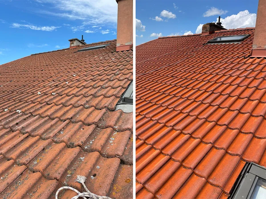 Czyszczenie dachu z dachówki przed i po wykonaniu usługi